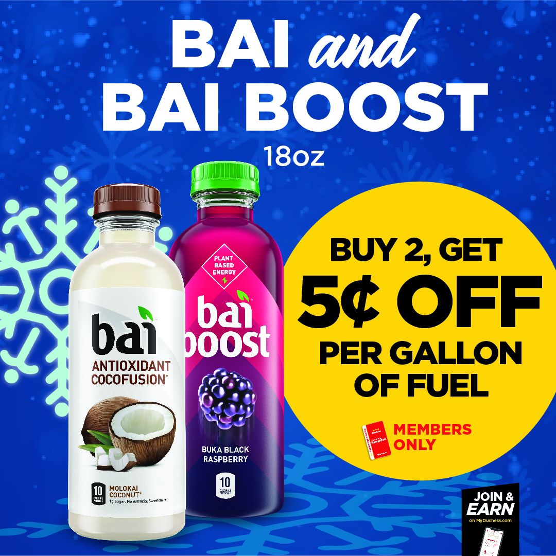 duchessshoppe's tweet photo. Members SAVE 5¢ off per gallon of fuel when they buy 2 Bai or Bai Boost. https://t.co/mfbvjWS9e2