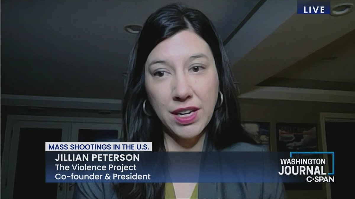 Washington Journal (@cspanwj) on Twitter photo Joining us now-- <a href="/jillkpeterson/">Jillian Peterson</a> of @theviolencepro, a nonpartisan research center, discusses the recent shootings in California and wider trends about mass shooters in the U.S.
Call, text, or tweet to join the conversation.
Watch live here: bit.ly/3Hf4bCH Joining us now-- <a href="/jillkpeterson/">Jillian Peterson</a> of @theviolencepro, a nonpartisan research center, discusses the recent shootings in California and wider trends about mass shooters in the U.S.
Call, text, or tweet to join the conversation.
Watch live here: bit.ly/3Hf4bCH