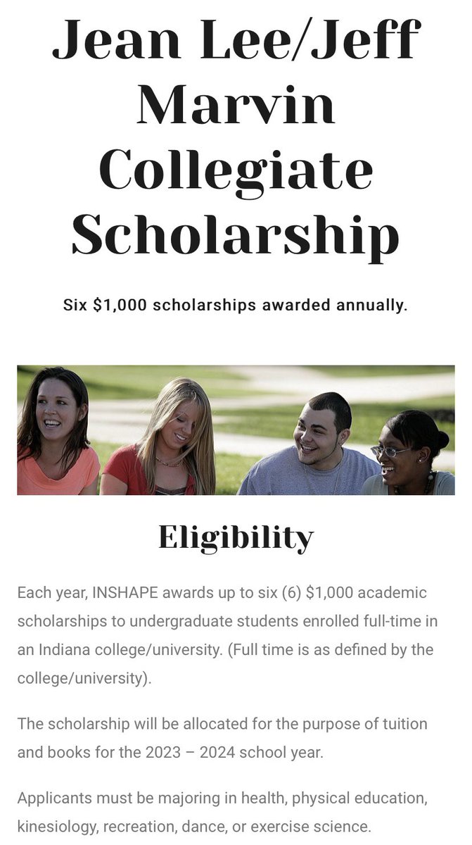 IndianaSHAPE's tweet image. 🚨Last chance! #HealthEd #PhysEd #ExSci #Kinesiology students in IN colleges &amp;amp; universities have until 2/1 to apply for $1K 💵 Jean Lee/ Jeff Marvin scholarship. INSHAPE supports you!

🔑 indianashape.org/scholarships/