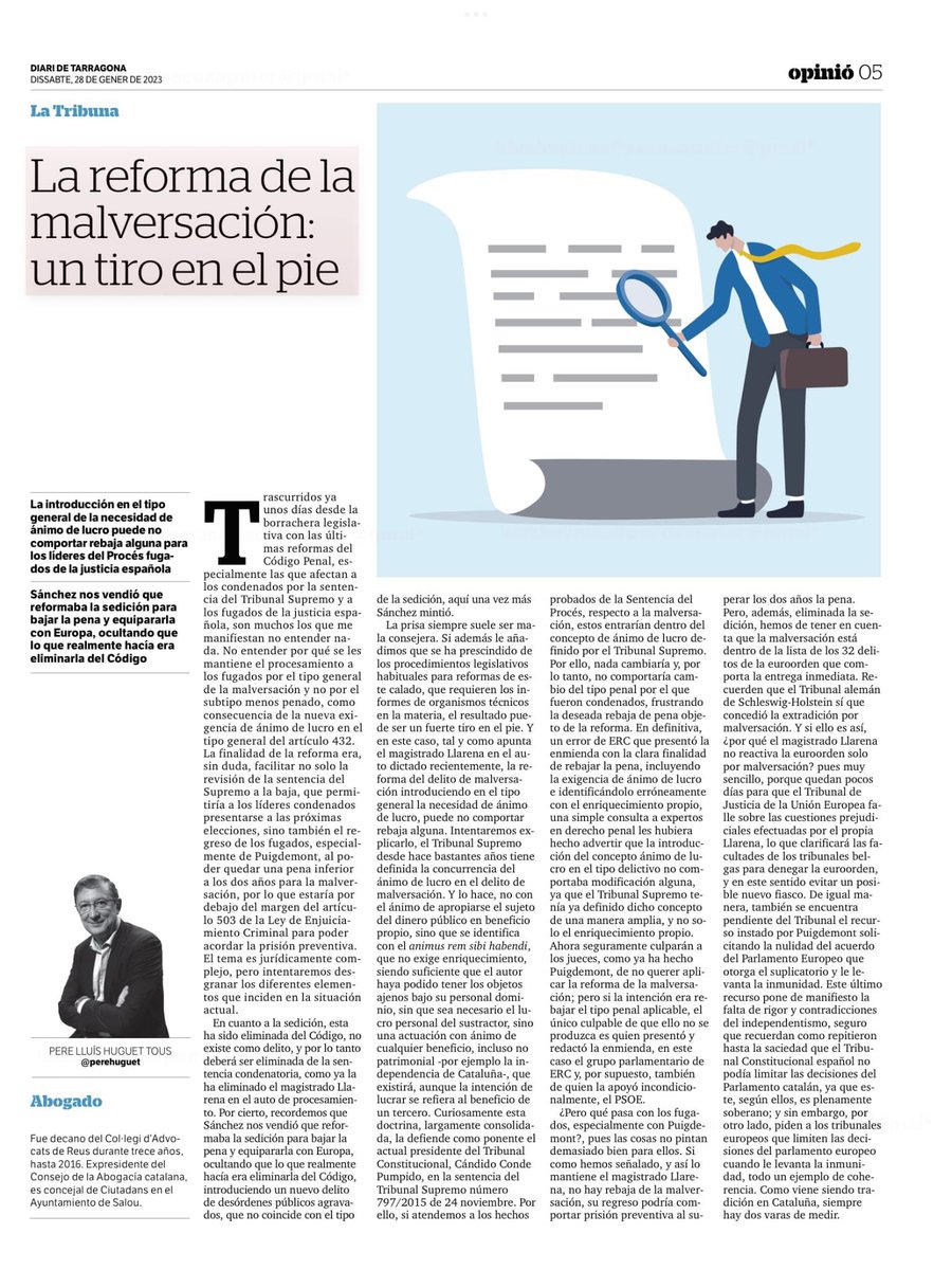 🍊Nuevo artículo de nuestro portavoz en #Salou y Diputado provincial en #Tgn Pere Lluís Huguet Tous “La reforma de la malversación: un tiro en el pie”. 

✅ Un análisis de la situación penal después de la reforma.

<a href="/perehuguet/">Pere Ll. Huguet Tous</a>