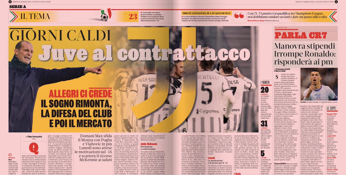 ZZiliani's tweet photo. “Al contrattacco”
“Il sogno rimonta”
“Il mercato”
Se avete un amico tifoso bianconero che legge la #Gazzetta, ditegli per favore che se tutto andrà bene la #Juventus 23-24 giocherà in B, sarà fuori dalle coppe per anni e perderà tutti i suoi campioni che non potrà più stipendiare https://t.co/4Xw64DaRDd