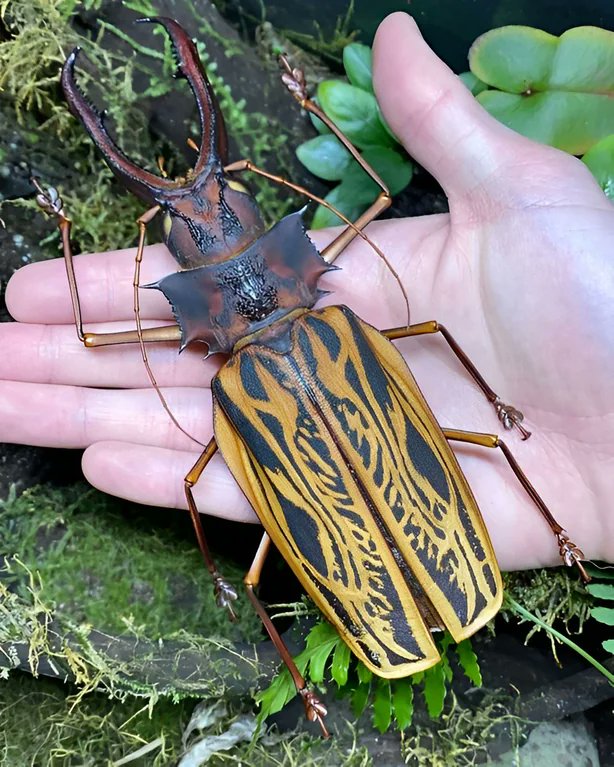 Rainmaker1973's tweet photo. The sabertooth longhorn beetle is one of the largest beetles reaching a length of up to 17.7 cm. Its larval stage can last up to 10 years, while its adult phase is likely to last no more than a few months

[read more: https://t.co/zvc518w5uB]
[📷 https://t.co/MzBhkFg56T] https://t.co/pFDuy14Qzq