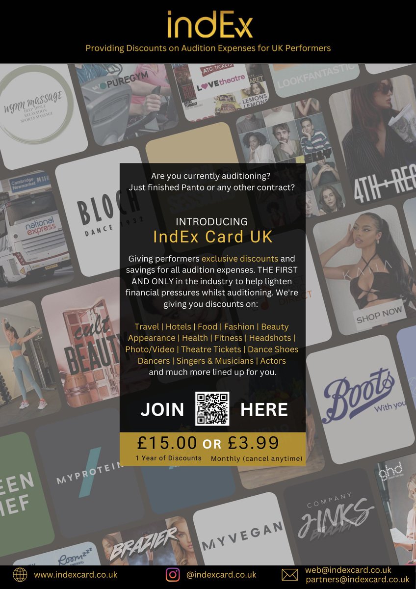 IndExCardUK's tweet photo. AGHHH IndEx Card IS HERE!!! The FIRST and ONLY discount platform for UK Performers to get their hands on EXCLUSIVE discounts. Made for those auditioning in the UK right now. Pssst: it’s only £15.00 for the entire year🤑💸 https://t.co/1LD5chdkeB