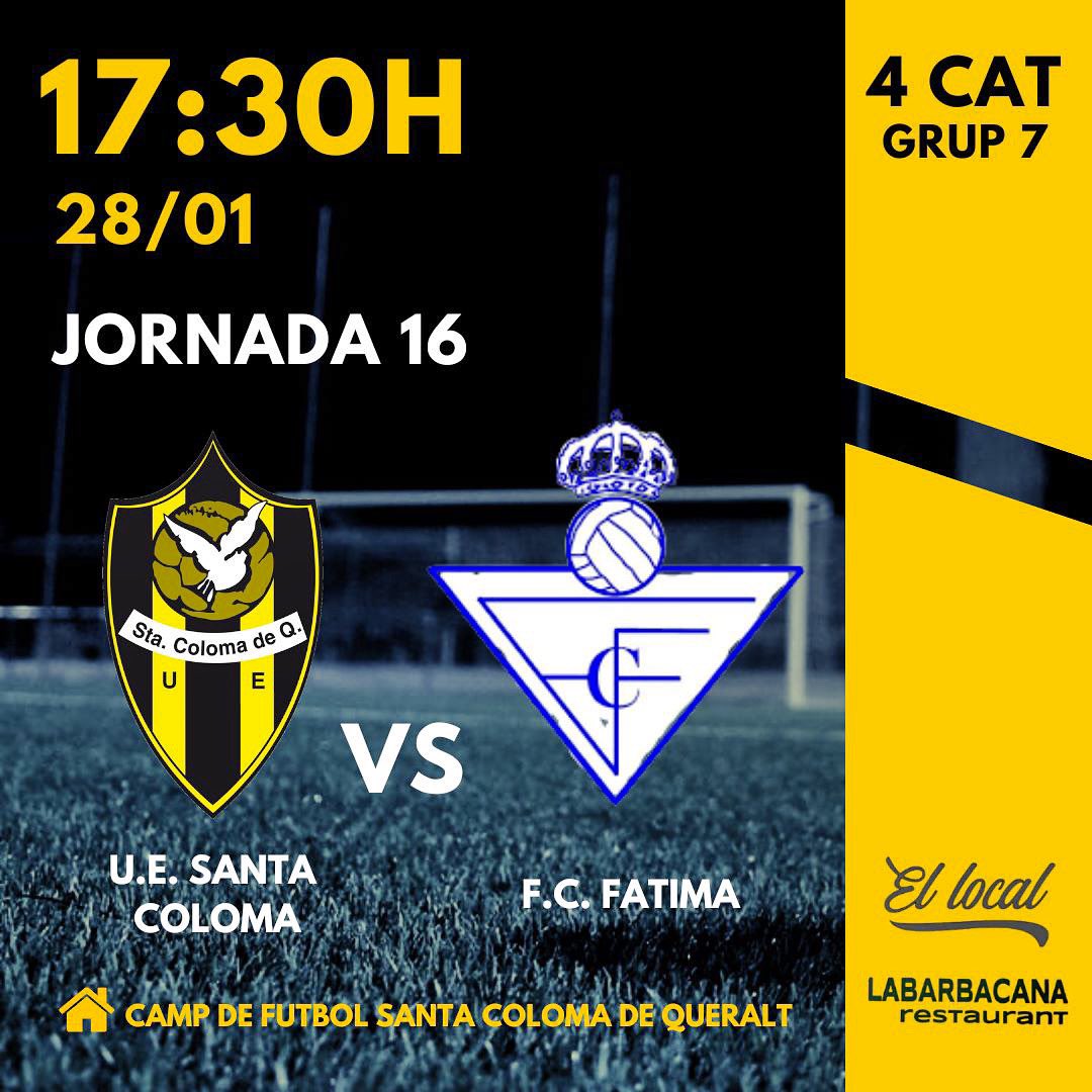 UESantaColoma's tweet photo. 𝗣𝗔𝗥𝗧𝗜𝗧 𝟭𝗥 𝗘𝗤𝗨𝗜𝗣 𝗠𝗔𝗦.

El nostre primer equip rep al líder i imbatut de la categoria @oficialfcfatima . Els nois intentaran trencar aquesta dada a les 17:30 de la tarda al 𝗠𝗽𝗮𝗹. 𝗱𝗲 𝗦𝗮𝗻𝘁𝗮 𝗖𝗼𝗹𝗼𝗺𝗮 𝗱𝗲 𝗤𝘂𝗲𝗿𝗮𝗹𝘁. 
 (1/2) https://t.co/AgIXiDlUc6