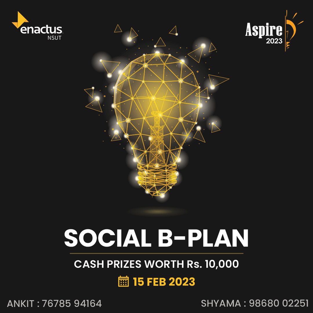 EnactusNSUT's tweet photo. ASPIRE’23 is around the corner and it’s time to put your thinking hats on and get to work. 

Enactus Nsut’s annual social entrepreneurship conclave, Aspire, inculcates the idea of entrepreneurship and business strategies in young minds considering socially relevant issues. https://t.co/m97MxbflSh
