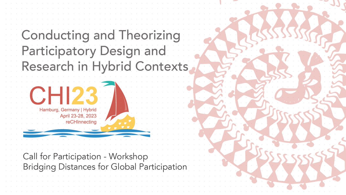 Dani Kalarikalayil Raju (@danikraju) on Twitter photo 📢 CFP Workshop on Conducting Hybrid Participatory Design
Come discuss the opportunities and challenges of hybrid participatory design and research in various global contexts at #CHI2023 <a href="/acm_chi/">ACM CHI Conference</a>
Submission deadline: Feb 8th (AoE)
bit.ly/3HCCRQ8 📢 CFP Workshop on Conducting Hybrid Participatory Design
Come discuss the opportunities and challenges of hybrid participatory design and research in various global contexts at #CHI2023 <a href="/acm_chi/">ACM CHI Conference</a>
Submission deadline: Feb 8th (AoE)
bit.ly/3HCCRQ8