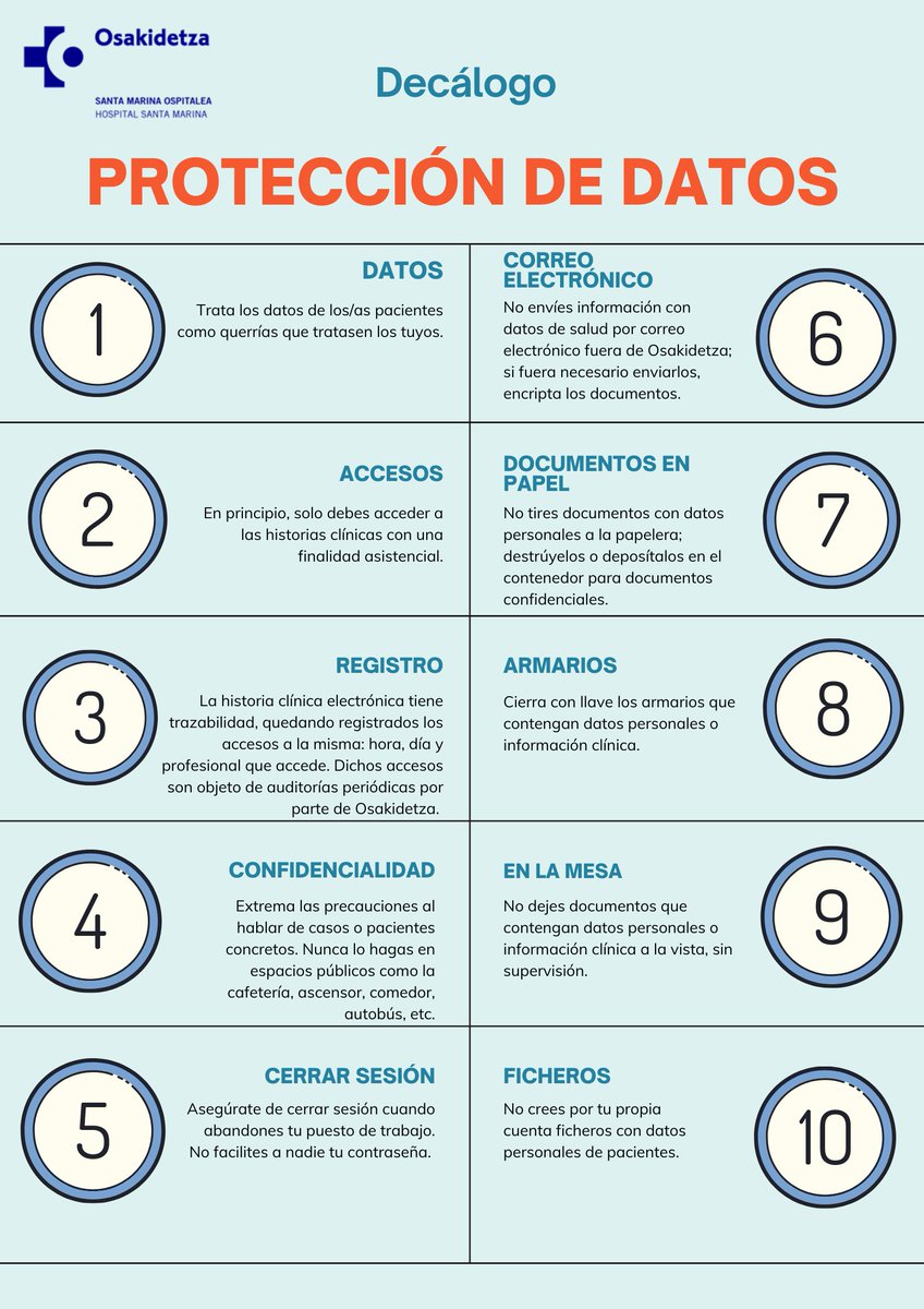 santamarinaospi's tweet photo. En el #DiaEuropeodelaprotecciondedatos estos "10 consejos útiles sobre protección de datos en entornos sanitarios" que esperamos sean de ayuda en este tema tan importante en el ámbito de la salud. 
@santamarinaospi #ProtecciondeDatos #DataPrivacyDay https://t.co/9FKj4693NG