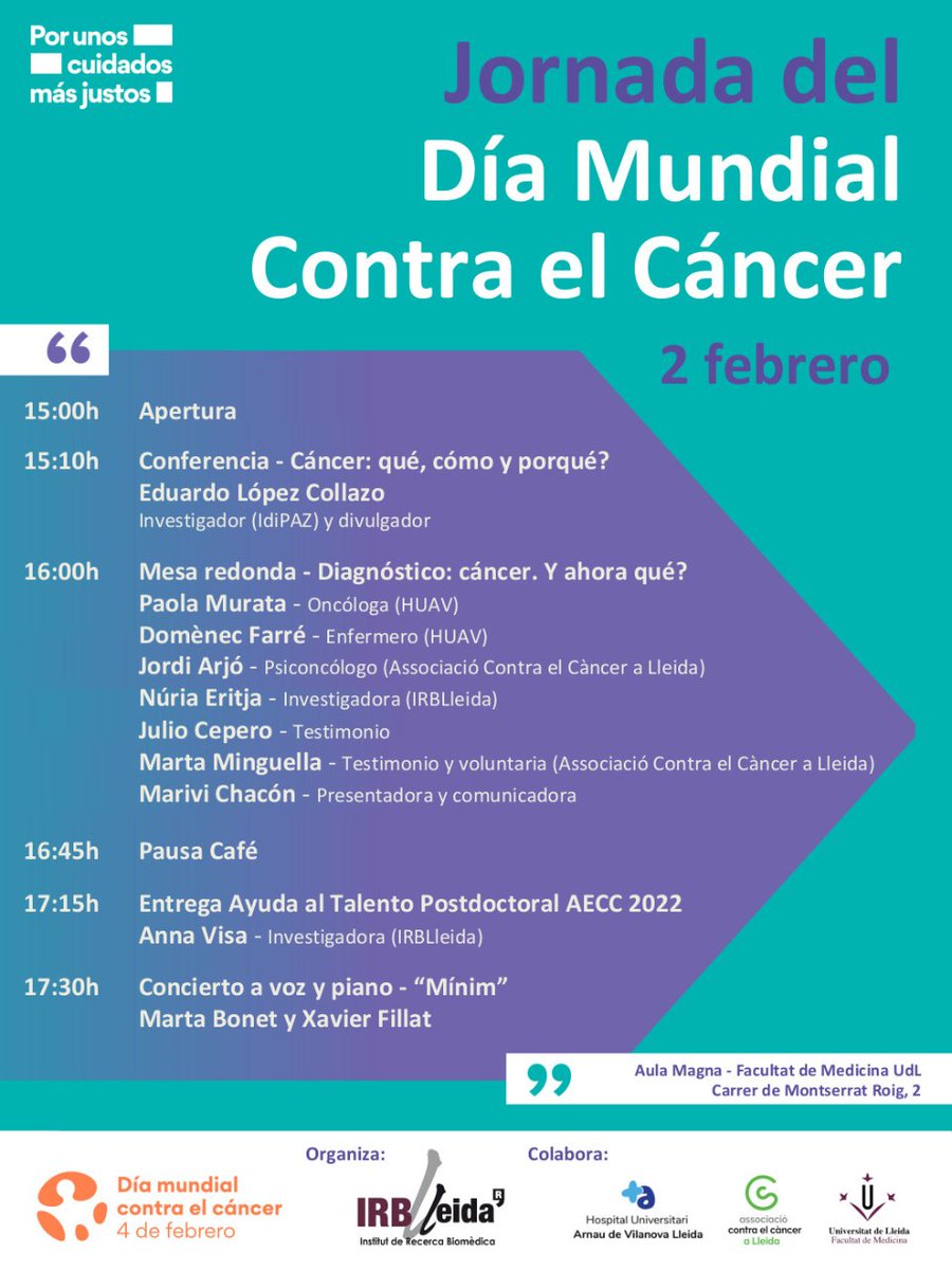 IRBLleida_Info's tweet photo. 📆 2 de febrer
➡️Jornada del Dia Mundial contra el Càncer
👍 Conferència a càrrec d'Eduardo lópez Collazo i taula rodona "Diagnóstico: cáncer. Y ahora qué?
@ContraCancerLLE
#Porunoscuidadosmásjustos #DMCancer #IRBLleida https://t.co/kj8X7wuXLn