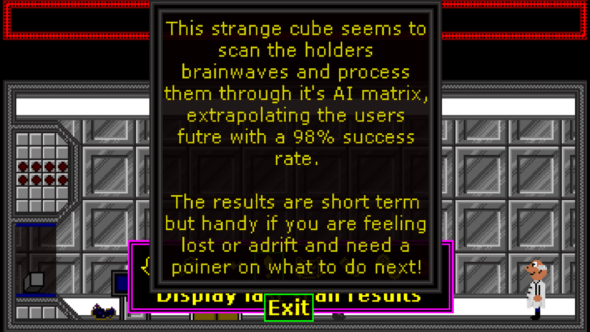 You can scan any object in #MaCaw2 in "The Lab".
Some for puzzles, some for fun!

This is the "Cube of Fate".
The help system I've coded in to prevent players getting too stumped.

Store page coming soon!

#pixelart #screenshotsaturday #indiegames #indiedev #RETROGAMING #Steam