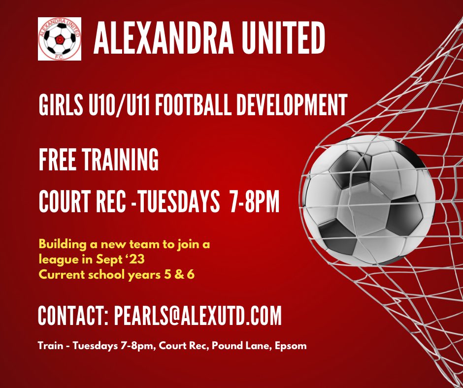 **PLEASE SHARE**

Girls football development continues at The Alex and we’re offering free training in readiness for next season.

Come along any Thursday, Court Rec 7-8pm.