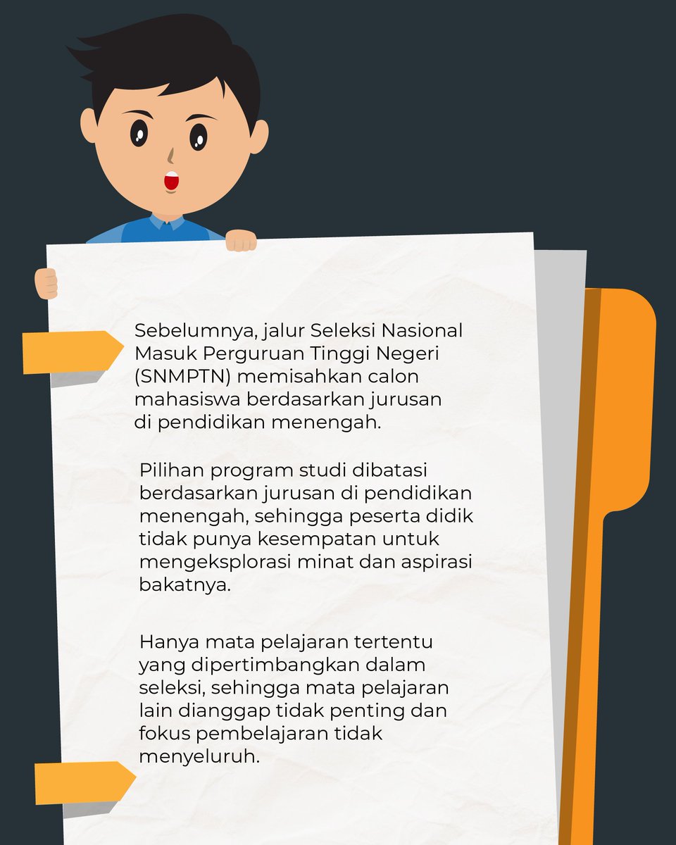 Kemdikdasmen's tweet photo. #SahabatDikbud, mengapa Seleksi Jalur Prestasi pada Seleksi Nasional Penerimaan Mahasiswa Baru (SNPMB) menggunakan nilai rata-rata seluruh mata pelajaran? Yuk, cermati!

Jangan lupa ikuti @snpmb_bppp untuk mendapatkan info terbaru seputar SNPMB!

#MerdekaBelajar
#InfoDikbud https://t.co/3K4q6qwynq