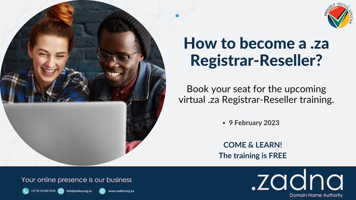 dotZADNA's tweet photo. Don't miss the chance to join our FREE skills development programme.
The programme will equip you with technical knowledge and insights on how to become an accredited .za domain name Registrar.
Book your space today:
https://t.co/GoFh1pOQzeโฆ
#domainname #dotza #accreditation https://t.co/B46MizMg1i