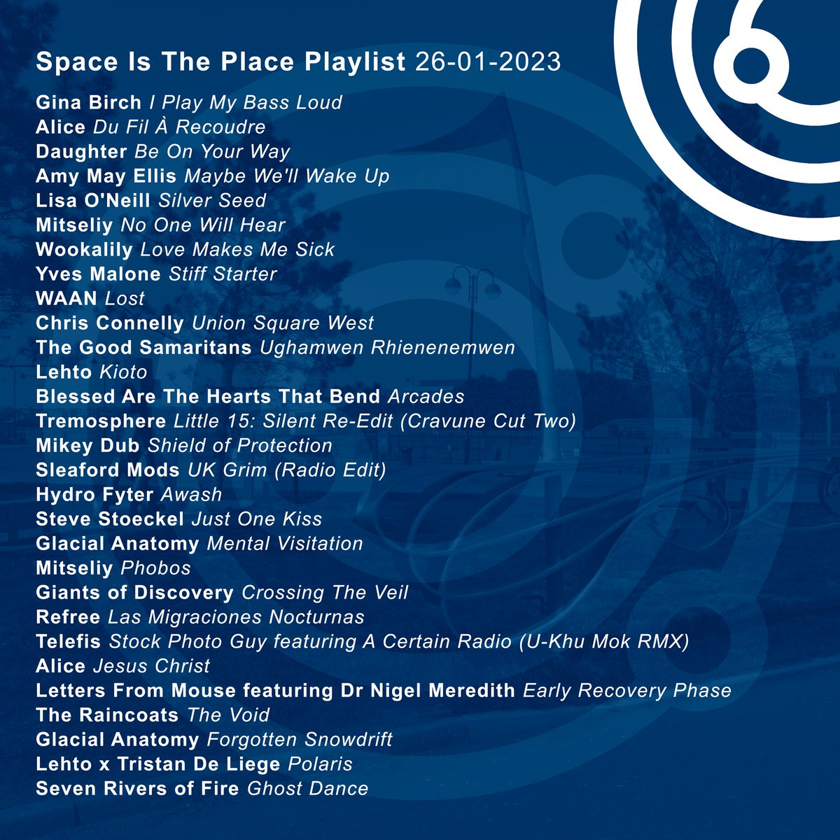 Great artists rep'd on the show 26-01-23
@telefis1961 @lfm_IDM @NigelPMeredith @amymayellisAME @Wookalily @Connelly_Chris @lehto_music @mikeydub_i @RaincoatsThe and more.

Show here
mixcloud.com/SpaceIsThePlac…
