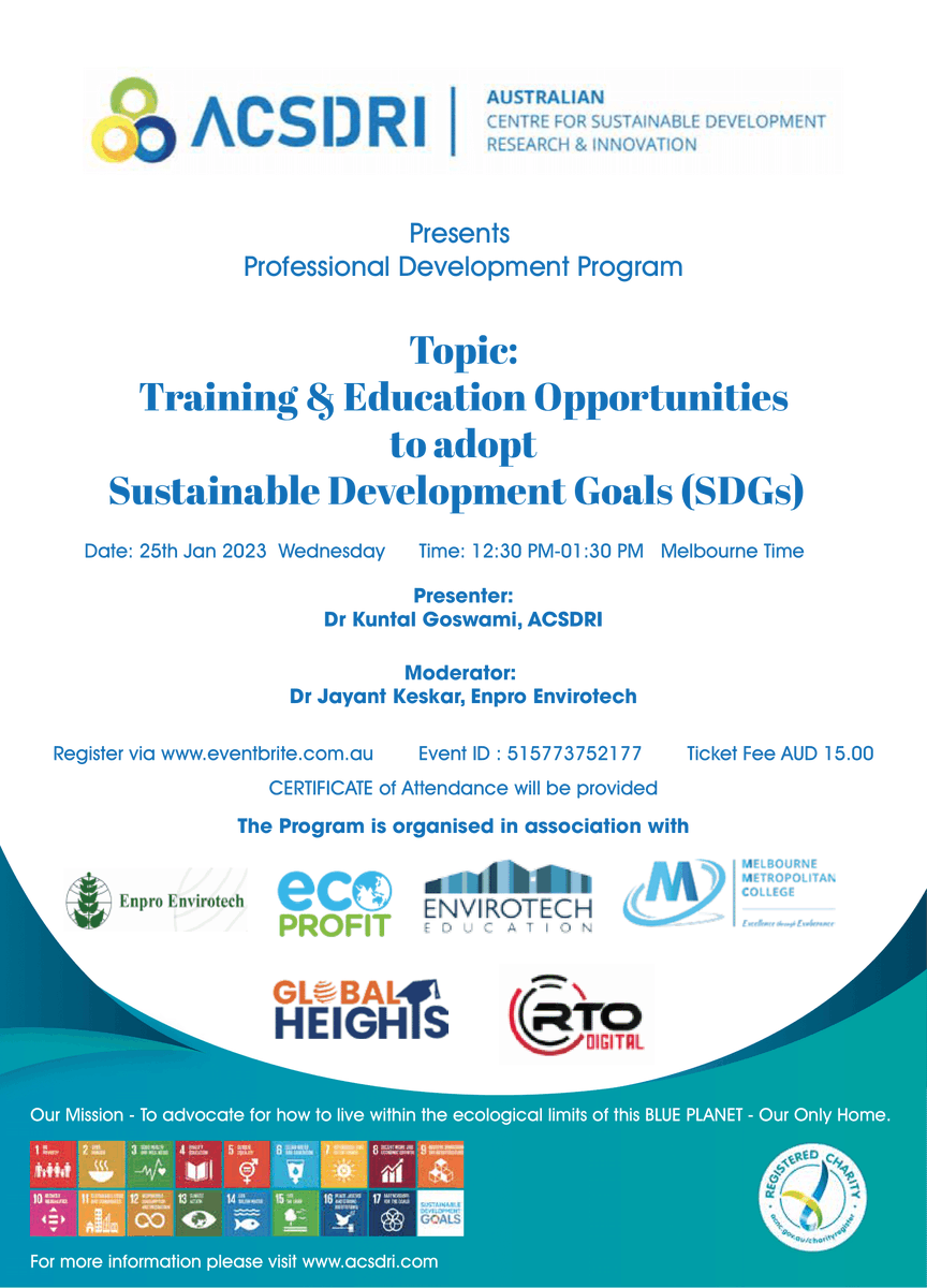 acsdri's tweet photo. 👩‍💻ACSDRI's 2023 Online Professional Development Series 01 (CERTIFICATE of Attendance will be provided)
📖Topic: Training &amp; Education Opportunities to adopt Sustainable Development Goals (SDGs)
💻Mode: Online via Zoom 
✔️Date: 25th January Wednesday 2023 https://t.co/aeYZ1ystAX