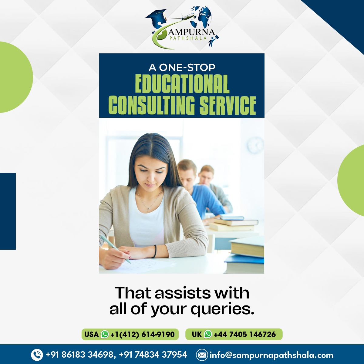 One stop #educationconsultancy service that will assist you all of your quires. We provide a comprehensive range of services to support you through every stage of your educational journey.

Call us to book your free appointment with us at +91 8618334698
.