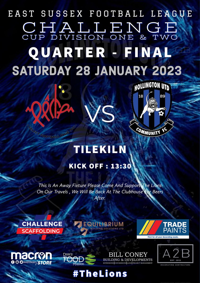 𝙂𝘼𝙈𝙀 𝘿𝘼𝙔 | ⏩

#MacronESFL 

🏆 <a href="/MacronESFL/">MSH - East Sussex Football League</a> CHALLENGE CUP 1&amp;2 - Quarter Final 
📆 Saturday 28th January 
🆚 @PecheHillFc
🏟 Tilekiln 
🕒 13:30

#TheLions🦁⚽