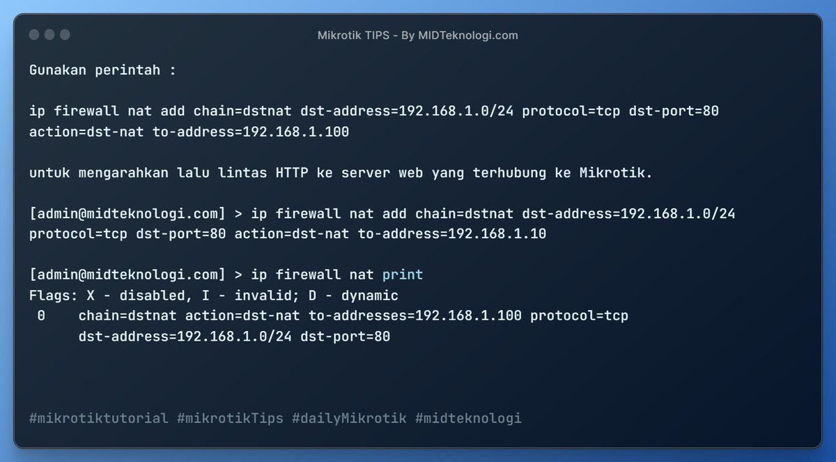 _4dinata's tweet image. Dukung Kreator 👉 cekgan.com/super-thanks
untuk mengarahkan lalu lintas HTTP ke server web yang terhubung ke Mikrotik.
.
.
#mikrotiktutorial #mikrotikTips #dailyMikrotik #midteknologi