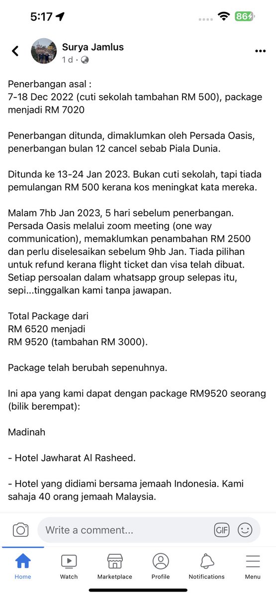 myjoe_'s tweet photo. Lagi TA umrah buat hal. Kali ni pakej asal RM6520 tapi kene tambah RM3000. Total perlu bayar RM9520. Kesian gila jemaah kene duduk hotel bajet penuh lalat 😭

Korang baca full story kat sini: https://t.co/gmyTQzp4Q9 https://t.co/3lVlZjDqBe