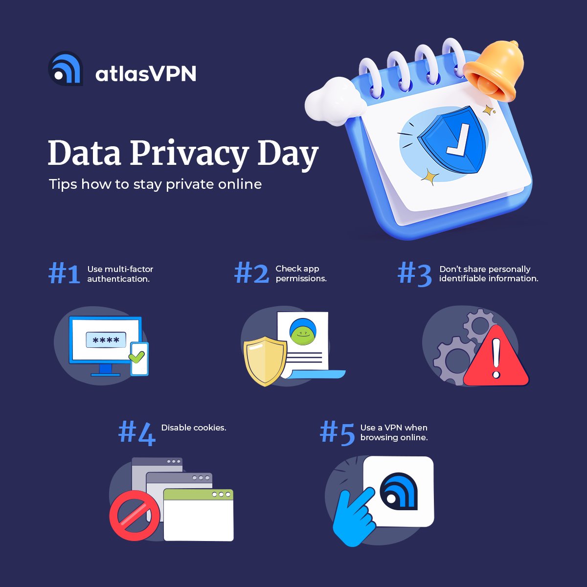 Atlas_VPN's tweet photo. As we navigate the digital world 🌐, it’s important to take steps to protect 🛡️our personal information.

On this #DataPrivacyDay, we put together a few tips to help you stay safe #online. 🧵1/6 https://t.co/IL5lRVT3Tn