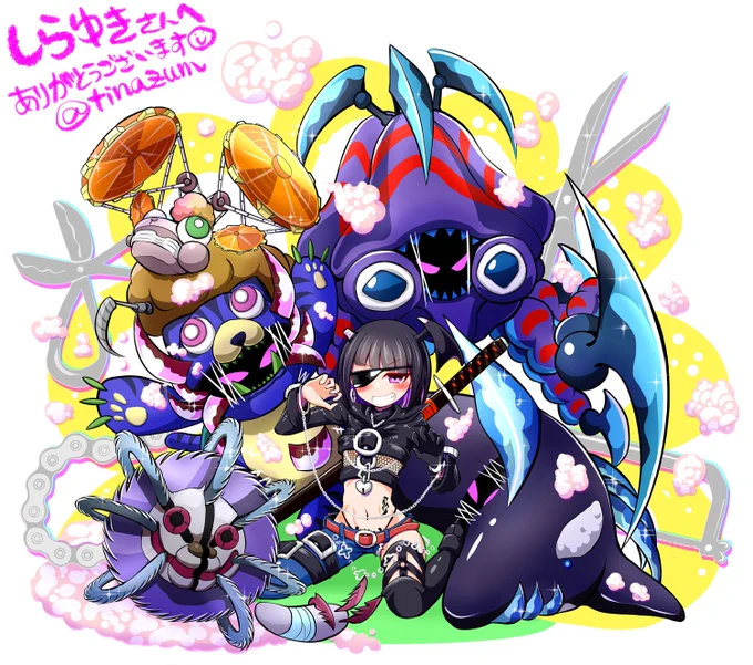 おSkebでクライアントさんのうちのこの『よーこさん』と危険なおもちゃ達の絵を描きました。 