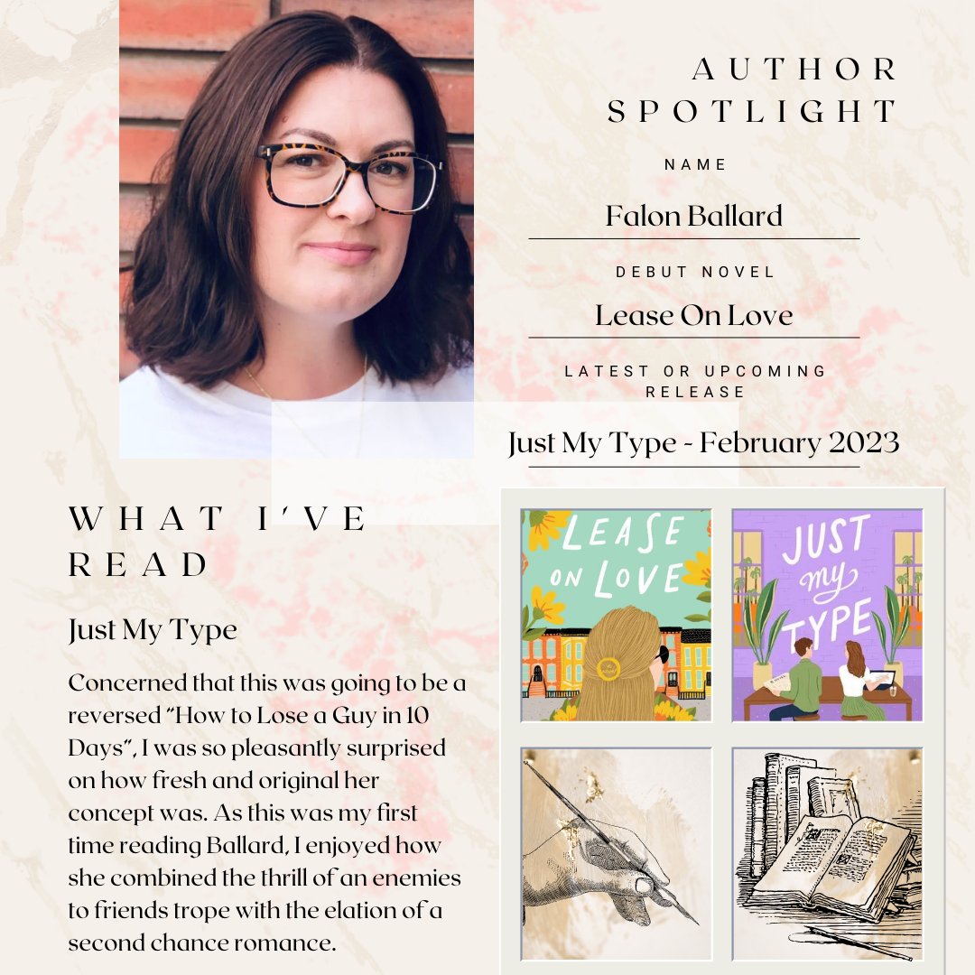 This week's Featured Author: Falon Ballard (@FalonBallard) - Author of Lease on Love. With the highly anticipated novel Just My Type coming out February 7th, this is the perfect time to check out this amazing writer! 

Full Review for Just My Type: romcombc.com/book/just-my-t…