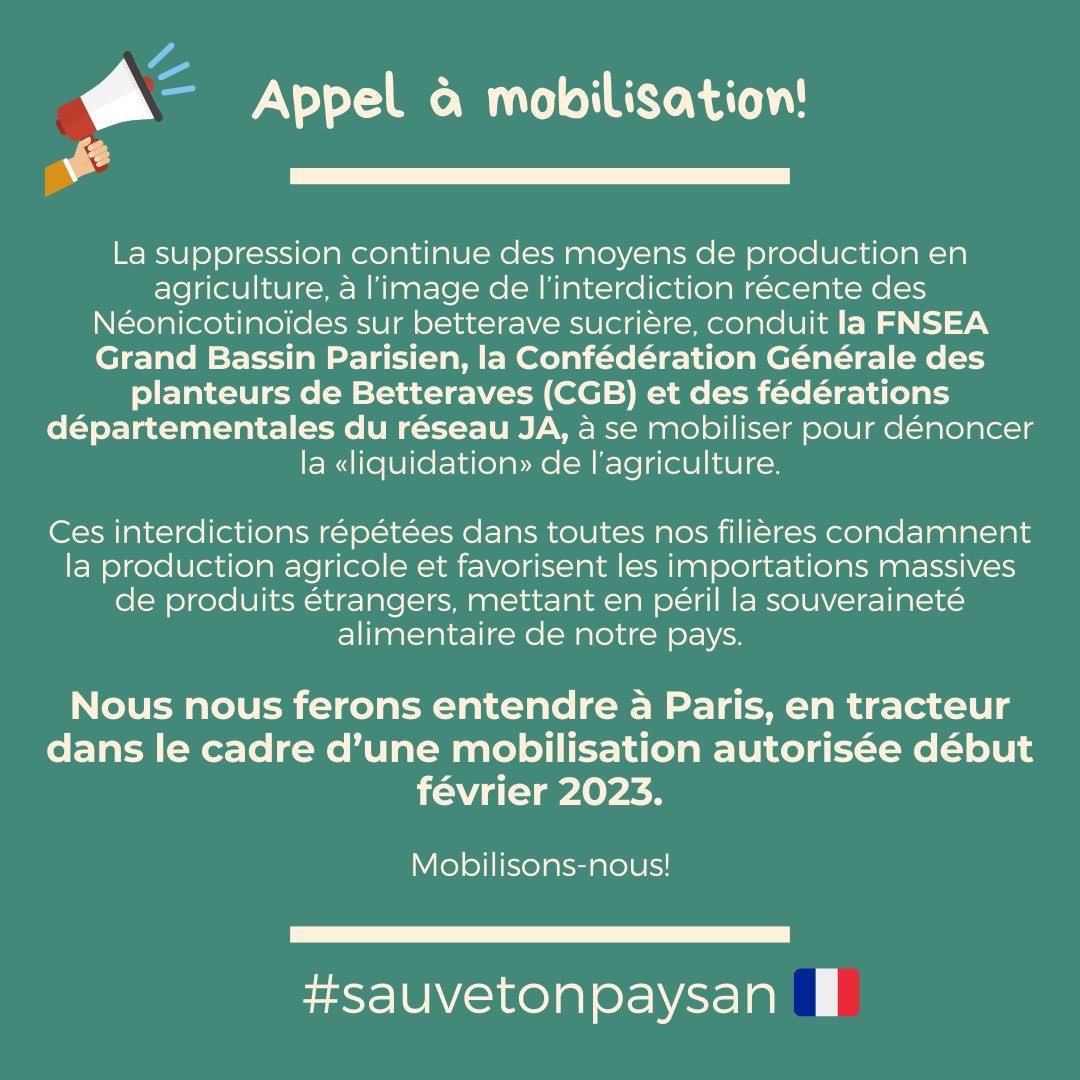 📢Appel à mobilisation!

Avec <a href="/CGB_FR/">CGB</a> <a href="/FnseaGBP/">FNSEA Grand Bassin Parisien</a> <a href="/FDSEA77/">FDSEA 77</a>  <a href="/FDSEAIDF/">FDSEA Ile-de-France</a> <a href="/FrseaIDF/">FRSEA Ile de France</a> <a href="/JeunesAgri77/">JA Seine Et Marne</a> <a href="/JA_IDF/">JA ILE DE FRANCE OUEST</a> <a href="/JAregionIDF/">JA Région IDF</a> et d’autres structures départementales JA <a href="/JAHautsdeFrance/">JA Hauts-de-France</a> nous disons:

🛑STOP à la liquidation de l’agriculture!
#sauvetonpaysan