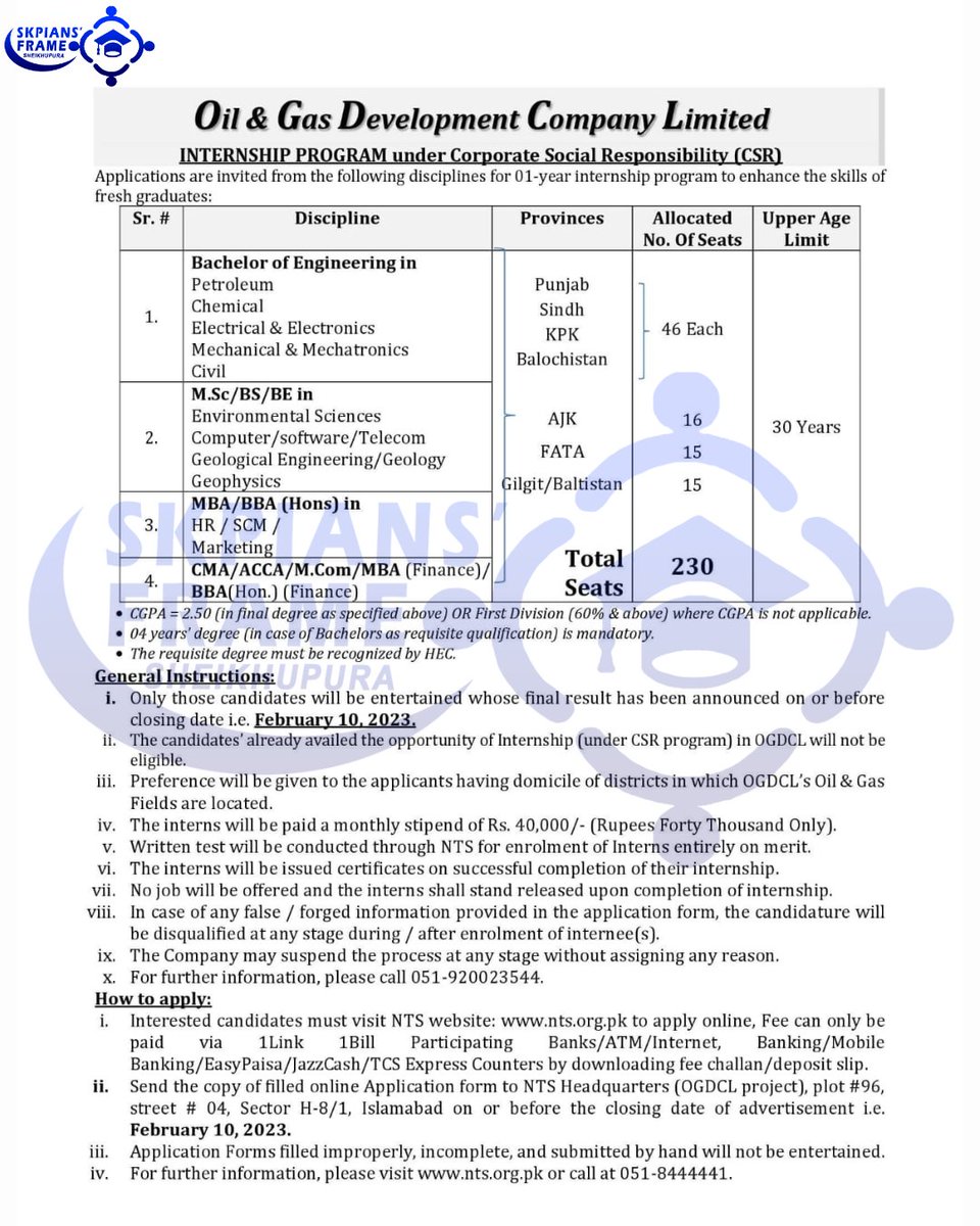 SkpiansFrame's tweet photo. OGDC Internship Program

The application deadline is 10 February 2023.

For more information and to apply;
link
https://t.co/SEBp3yE7W0

*Please read the eligibility criteria mentioned in the advertisement and on the website .

#Skpianframe #sheikhupura #LetsBuildYouth https://t.co/up4ZpIWKVS