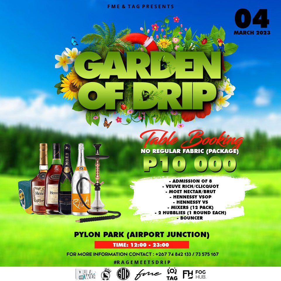 WASSUP DRIPPERS 🫡

INTRODUCING G.O.D TABLE BOOKINGS 🌴(very limited) 

1. Super Soft Fabric 
2. Luxury Cloth 
3. No Regular Fabric 

choose your package &amp; we will take care of you 💚😉 , contact +26771678262 for purchase &amp; enquiries . 

#ragemeetsdrip 🌴✅