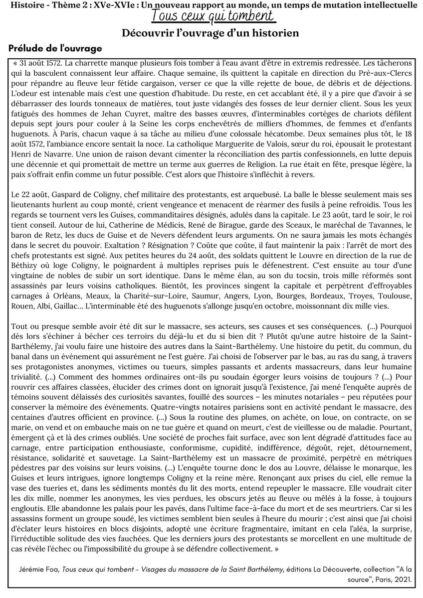 Lenor56221778's tweet image. Pour clore le thème 2 d’histoire en 2de, les élèves vont travailler sur un chapitre du livre de Jérémie Foa. Nous lirons d’abord un extrait du prélude ensemble, puis ils travailleront sur le texte du chapitre. C’est une séance qui avait bien fonctionné l’an dernier. 
#TeamHG