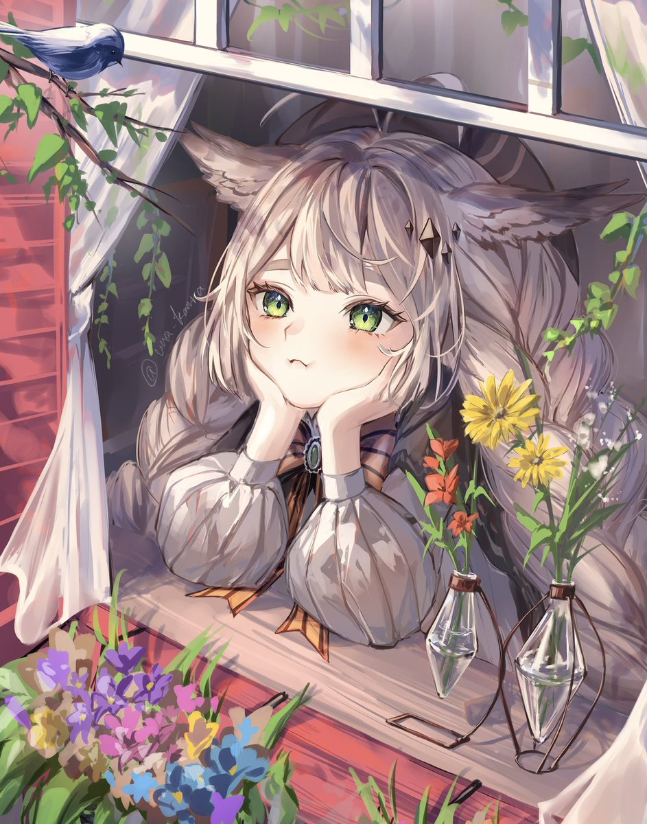 1girl flower animal ears green eyes solo window braid  illustration images