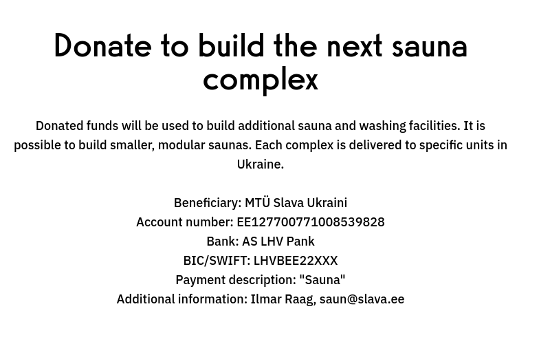 Eiköhän #TwitterFI pistetä #saunas4ukraine trendaamaan, että saavat Ukrainassa saunansa pikavauhtia.
saun.slava.ee