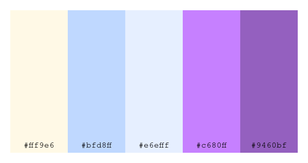 ColPaletteBot's tweet photo. Beep beep, here's a pretty color palette for you!
color-scheme.js parameters used:
- hue: 83
- variation: light
- colors: #fff9e6, #bfd8ff, #e6efff, #c680ff, #9460bf
Have a lovely day!
#twitterbot #colorpalette #colors #palette #prettycolors https://t.co/eNXddwC8XZ