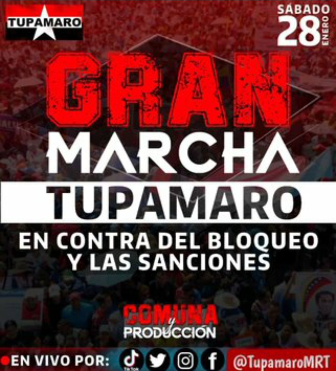 Mira_Venezuela (@mira_venezuela) on Twitter photo 🇻🇪GRAN MARCHA ROJINEGRA 🔴⚫
Marcha que desbordará las calles de Caracas, con consignas, cantos, alegría. Claros y convencidos del apoyo irrestricto a la Revolución y al camarada presidente <a href="/NicolasMaduro/">Nicolás Maduro</a>.
¡No más bloqueo ni sanciones!
#TupamaroAntiimperialista
#TupamaroConMaduro 🇻🇪GRAN MARCHA ROJINEGRA 🔴⚫
Marcha que desbordará las calles de Caracas, con consignas, cantos, alegría. Claros y convencidos del apoyo irrestricto a la Revolución y al camarada presidente <a href="/NicolasMaduro/">Nicolás Maduro</a>.
¡No más bloqueo ni sanciones!
#TupamaroAntiimperialista
#TupamaroConMaduro