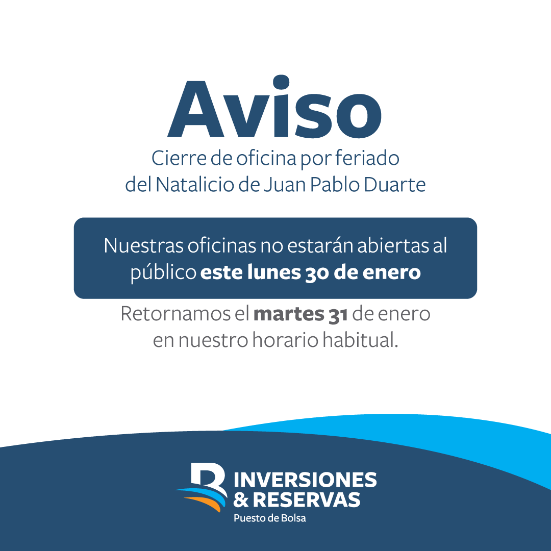 InvReservas's tweet photo. Este lunes no estaremos laborando.
Visítanos en nuestro horario regular el martes 31 de enero.
#HorarioEspecial
#InversionesyReservas https://t.co/NMeo6rgGvp