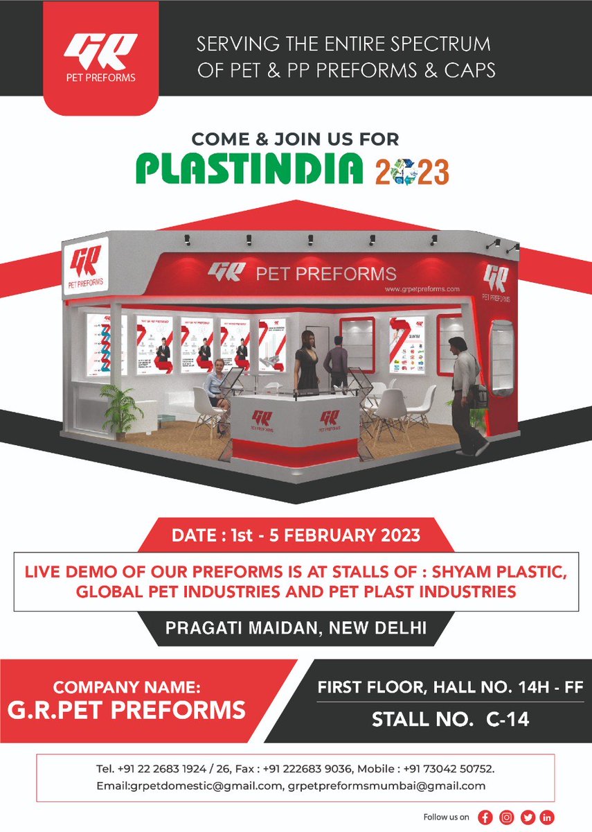 GPreforms's tweet photo. Join us at PlastIndia 2023! Live Demo of our preforms available as well.
#petpackaging #petpreform #petpreforms #grpet #pppreform #plastindia #plastindia2023 #plasticexhibition #pragatimaidan https://t.co/akShpTaNux