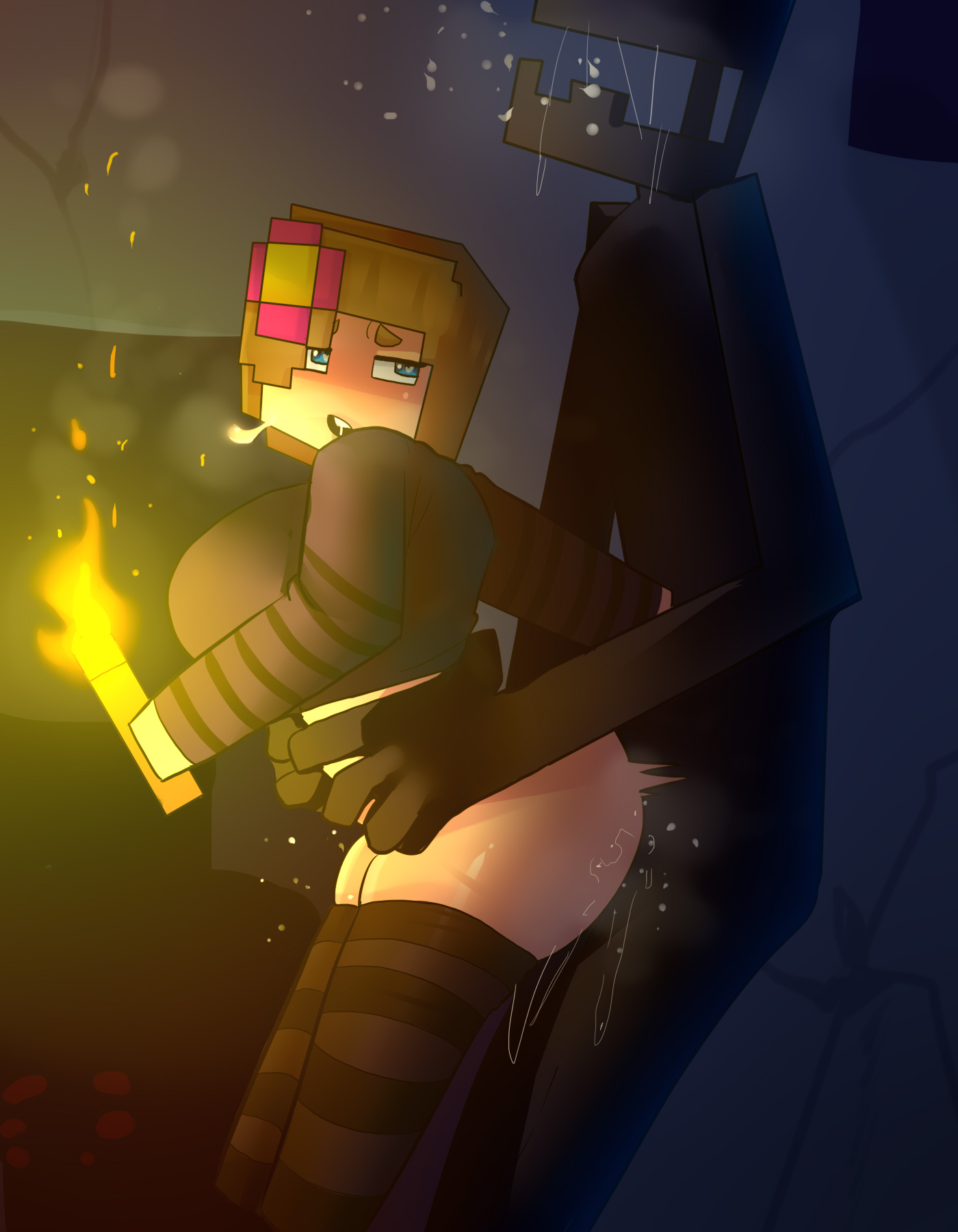 Jenny Belle wandering through a blocky Minecraft landscape-her curiosity piqued