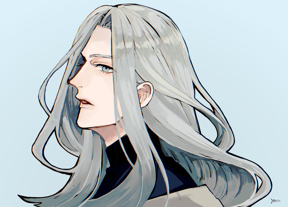 long hair solo male focus 1boy grey hair simple background blue background  illustration images