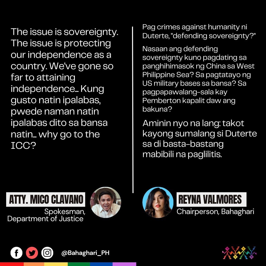 “TAKOT LANG KAYO SA DI BASTA-BASTANG MABIBILI NA PAGLILITIS”

Bahaghari slams DOJ Spox Atty. Mico Clavano’s statements on Duterte ICC probe.

#ProsecuteDuterte #IkulongSiDigong