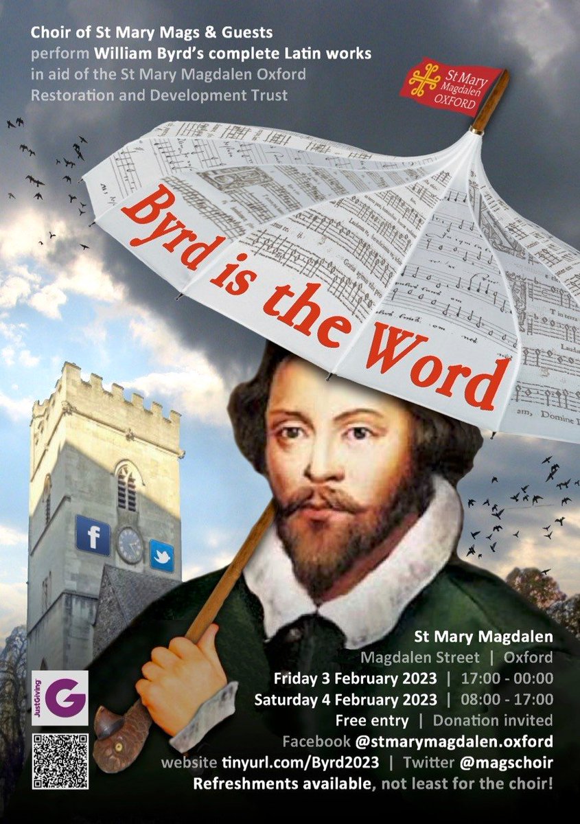 Robert Saunders (@redhistorian) on Twitter photo From Friday 3 to Saturday 4 Feb, <a href="/magschoir/">Mary Mags Choir</a> will be singing the complete Latin music of William Byrd in 24 hours.
That's 200 motets, 3 Masses & 16 hours of glorious music.
Do drop in if you're in Oxford. Free entry, but we'd be thankful for any donations
justgiving.com/fundraising/by… From Friday 3 to Saturday 4 Feb, <a href="/magschoir/">Mary Mags Choir</a> will be singing the complete Latin music of William Byrd in 24 hours.
That's 200 motets, 3 Masses & 16 hours of glorious music.
Do drop in if you're in Oxford. Free entry, but we'd be thankful for any donations
justgiving.com/fundraising/by…