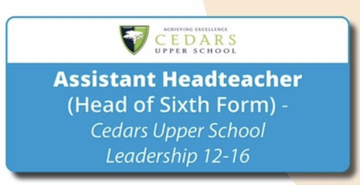 CLT Community News & Vacancies (@clt_cnav) on Twitter photo Well, this is a fantastic & rare opportunity. Assistant Head <a href="/Cedars_Upper/">Cedars Upper School</a> - in charge of Sixth Form. In 2022, the A Level results were the highest in Bedfordshire state schools. The staff are excellent & the Trust will support your professional development. Contact us now! Well, this is a fantastic & rare opportunity. Assistant Head <a href="/Cedars_Upper/">Cedars Upper School</a> - in charge of Sixth Form. In 2022, the A Level results were the highest in Bedfordshire state schools. The staff are excellent & the Trust will support your professional development. Contact us now!