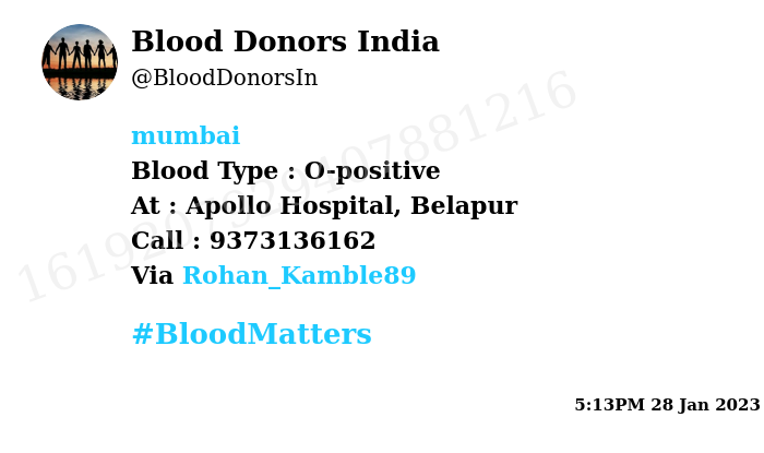 #SOS
#Mumbai
Need #Blood Type :  O-positive
Blood Component : blood
Number of Units : 10
Primary Number : 9373136162
Patient : Nilesh Naik
Via: <a href="/Rohan_Kamble89/">Rohan</a>
#BloodMatters