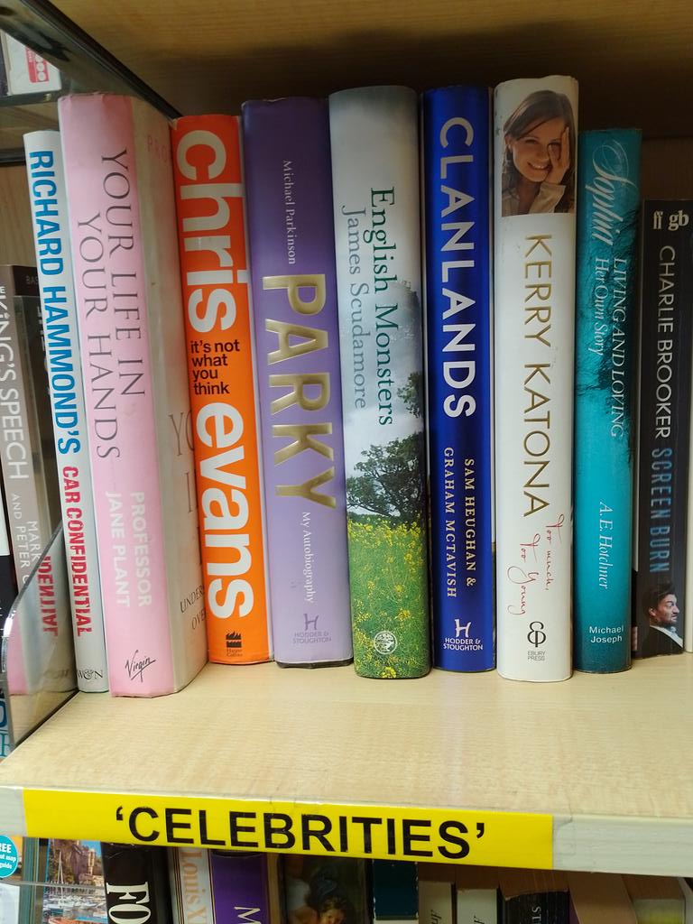 Brutal behaviour from the Blue Cross charity shop in Ludlow. Two biography sections next to each other, one labelled Celebrities, the other 'Celebrities'. Never has punctuation worked so hard.