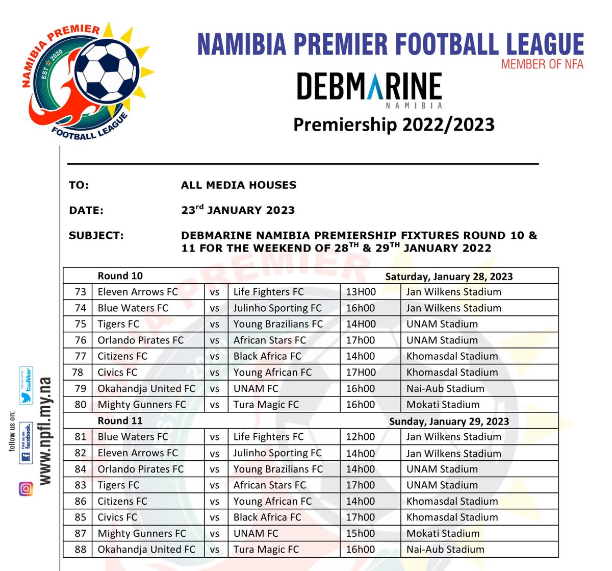 It's game time! 👉 #FootballisBack 

The #DebmarineNamibia Premiership games are taking place this weekend again. Check out the fixtures and get yourself to the nearest stadium to support your favourite team!