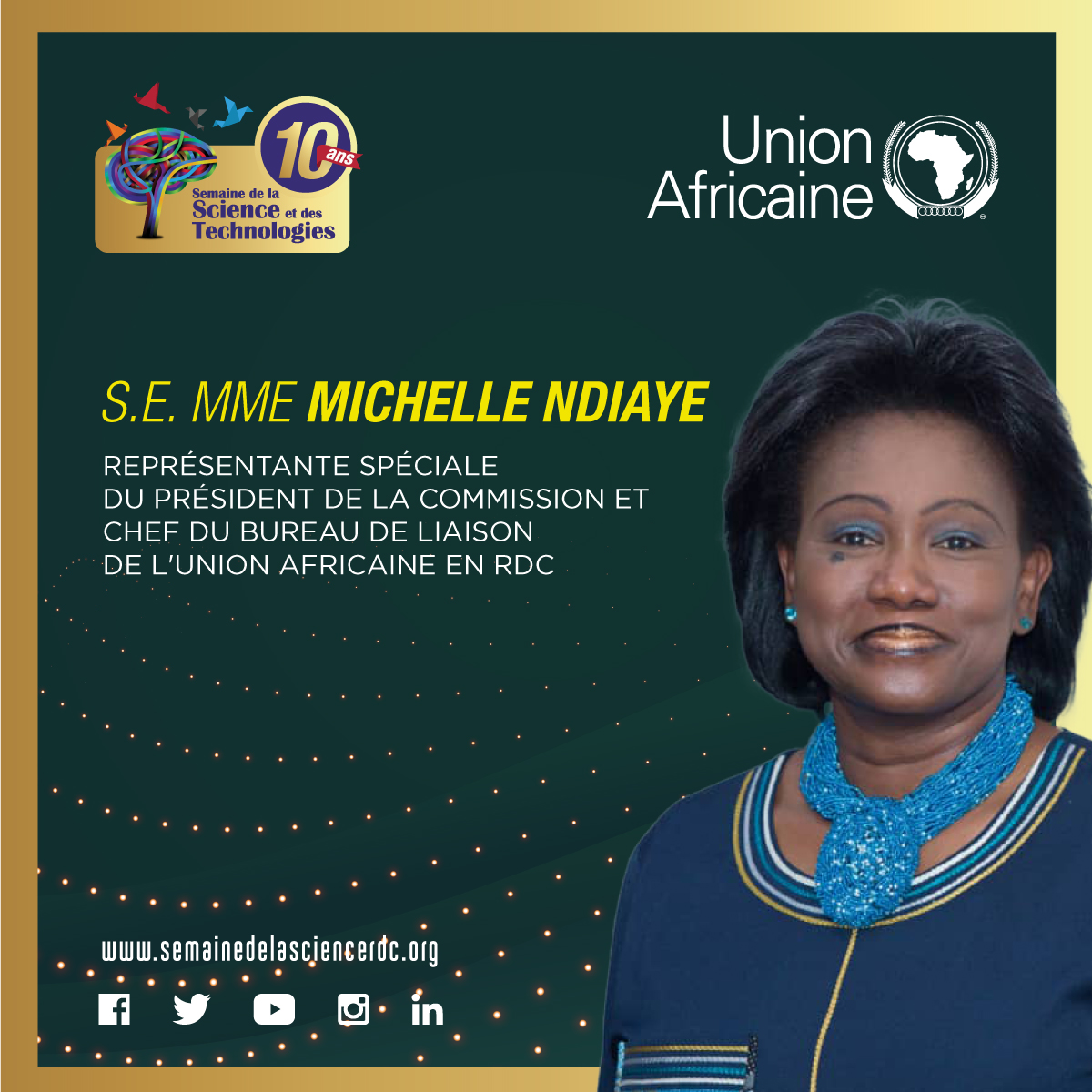 Fiers de vous annoncer que <a href="/MichelleNdiaye1/">Michelle Ndiaye-Director Transformative Peace -OSF</a>  <a href="/AfricanUnionDRC/">L'Union africaine en RDC/African Union in the DRC</a> parraine la #SST10 en reconnaissance de notre travail de promotion des #STEM et #Education en Afrique. Merci!

<a href="/NextEinsteinFor/">Future of Science Forum</a> <a href="/JosephineNdeze/">JN</a> <a href="/TshiabaNancy/">TSHIABA NANCY</a> <a href="/UNESCOKinshasa/">UNESCO RDC</a> @MinisterEPST <a href="/bbcafrique/">BBC News Afrique</a> <a href="/TV5MONDEAfrique/">TV5MONDE Afrique</a>