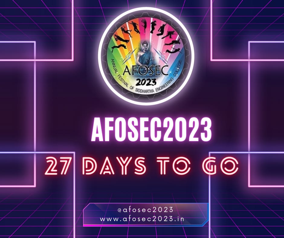 afosec2023's tweet photo. 27 days left until Afosec College Fest - Get ready for an unforgettable Experience!
#afosec2023 #AFOSEC #vrsec https://t.co/N9inj2n1w6