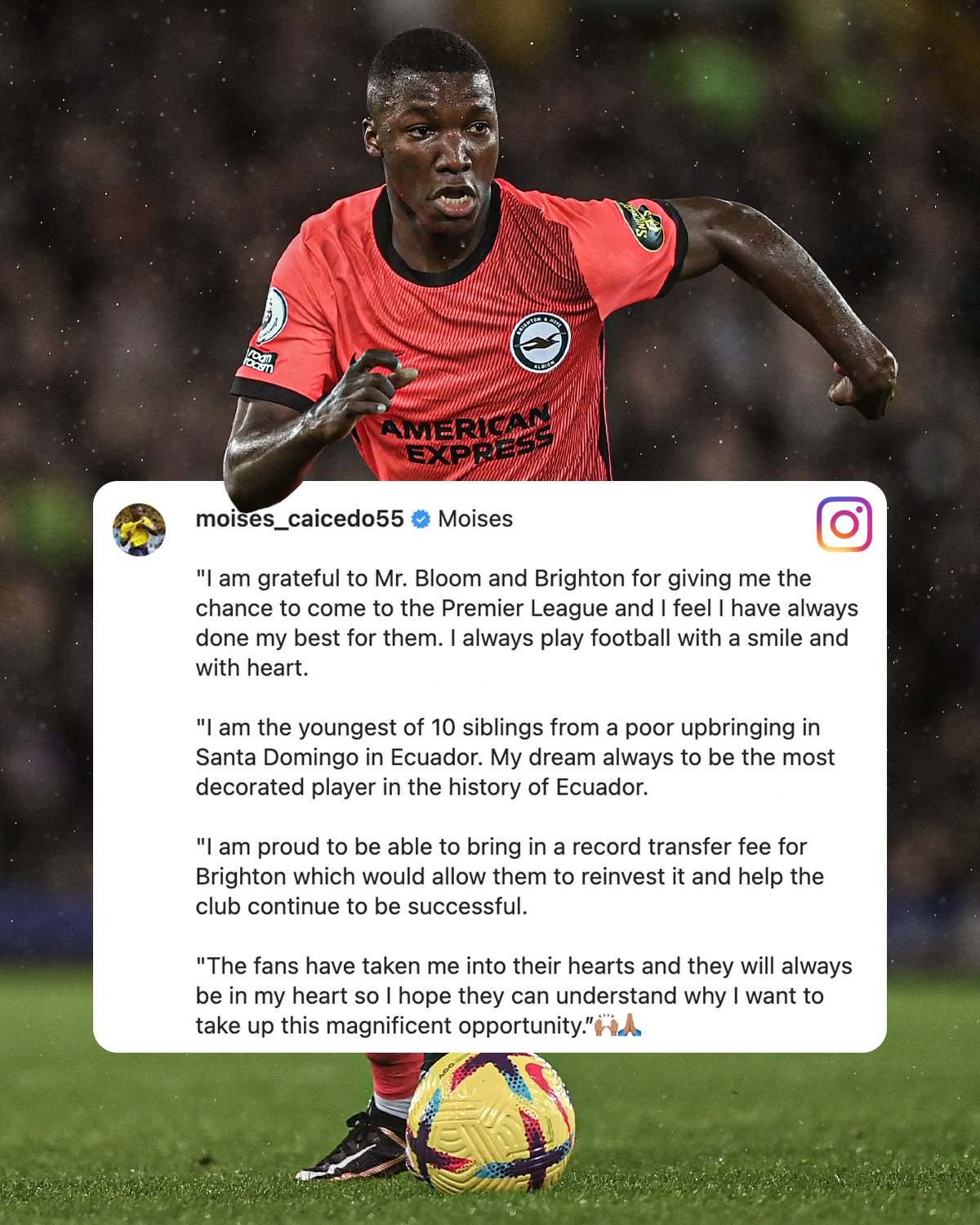 ESPN UK on Twitter: "Moises Caicedo told Brighton fans he wants to be  allowed to leave the club, after sources told ESPN that Arsenal had a £60  million offer for the midfielder
