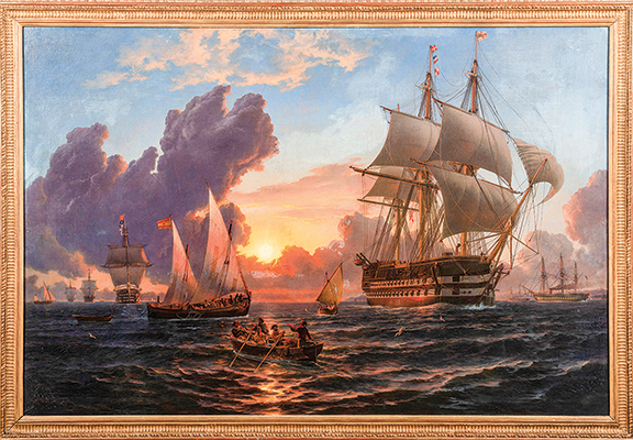 Large oil on canvas of H.M.S. "Marlborough" at Gibraltar, attributed to Charles Henry Seaforth (British, 1801-1872), circa 1855, 40" x 60", sold for $43,750 (est. $8000/12,000) at <a href="/HindmanAuctions/">Hindman Auctions</a> maineantiquedigest.com/stories/furnit… #antiques #antique #art #artist #ship #ships #painting