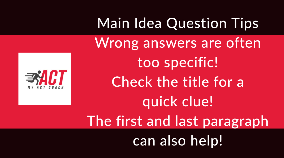 myACTcoach's tweet photo. Reading #ACTProTips That Never Fail

Main Idea Question 

Wrong answers are often too specific! 
Check the title for a quick clue!  
The first and last paragraph can also help!

#ACTPrep #SAT #SATprep #SATpractice #ACT #ACTprep #ACTpractice #sattestprep #ACTProTip https://t.co/fHXjEoTGHg