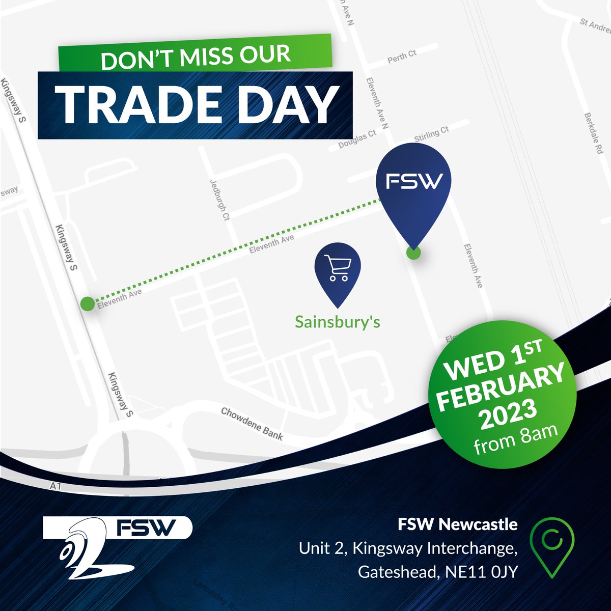 fswuk's tweet photo. DON'T MISS OUR TRADE DAY at @fswuk #Newcastle/#TeamValley this coming Wednesday from 8am (01/02/2023).
Find our branch on Kingsway Interchange on Team Valley Trading Estate. (Behind Sainsbury's Supermarket). Here's how to find us on the day!
#HVACR #ACengineers #FSW https://t.co/NFs8UD4AaY
