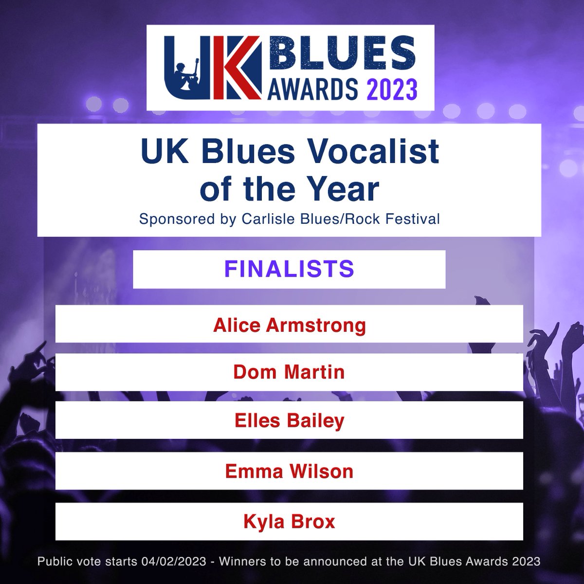 Today's the day we reveal the top 5 nominees who are the Finalists in each category in The UK Blues Awards. Congratulations to all involved! Public voting starts on 4th February so watch out for the link then. Finally let's have the Vocalist of The Year category Finalists